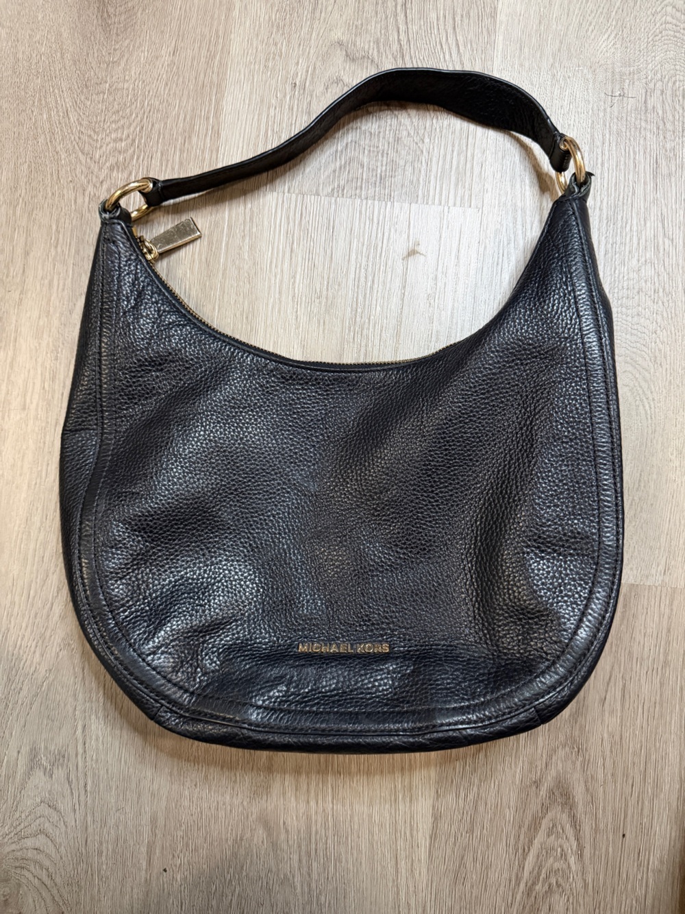 Michael Kors Black Pebbled Leather Shoulder Hobo with Gold Hardware